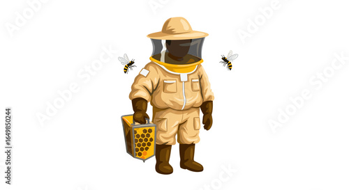 Skilled Beekeeper in Protective Suit with Honeycomb Frame and Bees Isolated on Transparent Background