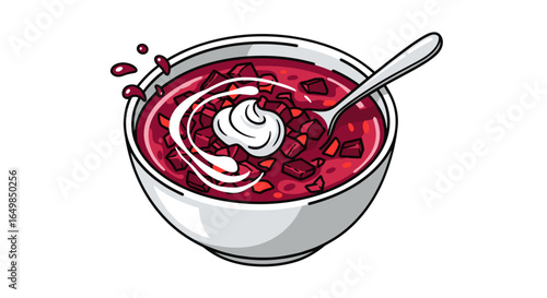 Delicious Hearty Beet Soup with Cream Swirl and Spoon Isolated on Transparent Background