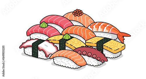 Delicious Assortment of Fresh Sushi Nigiri and Maki Rolls Isolated on Transparent Background