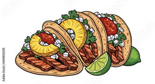 Delicious Al Pastor Tacos with Pineapple and Lime Isolated on Transparent Background