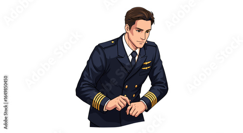 Thoughtful Pilot Adjusting Cuffs Emotionally Isolated on Transparent Background