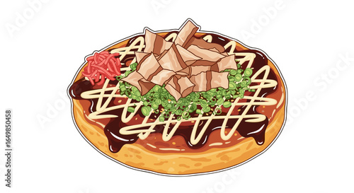 Delicious Okonomiyaki Savory Pancake Food Dish With Toppings Isolated on Transparent Background
