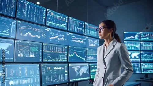 A young female cybersecurity professional intensely monitoring a vast wall of glowing computer screens, focused on detecting digital threats in a high-tech control room with cinematic dramatic lights