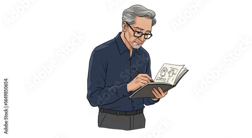 Senior Man Artist Sketching Creative Ideas in Notebook Isolated on Transparent Background
