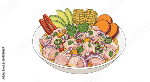 Delicious Peruvian Ceviche A Flavorful Dish With Fresh Fish And Vegetables Isolated On Transparent Background