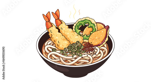 Delicious Hot Tempura Udon Noodle Soup with Crispy Shrimp Isolated on Transparent Background