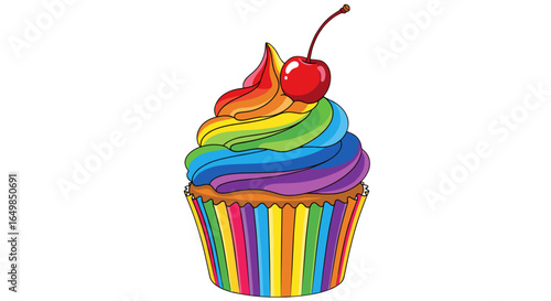 Vibrant Rainbow Swirl Cupcake With Cherry Isolated on Transparent Background Sweet Treat