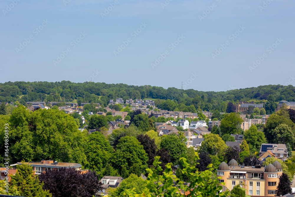 Obraz premium Overview of adorable little town village on hillside with mountains, farmland, Valkenburg is a town in the Dutch municipality of Valkenburg aan de Geul, Located in the South Limburg Hills, Netherlands