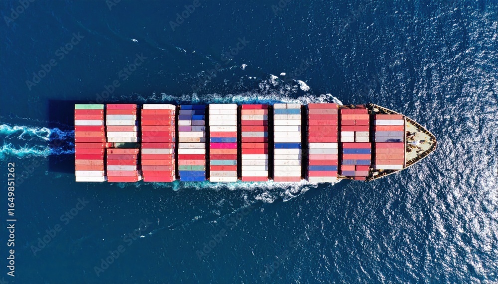 Fototapeta premium Aerial view of a large container cargo ship sailing on a blue ocean. Colorful cargo containers fill the deck. Waves trail behind.