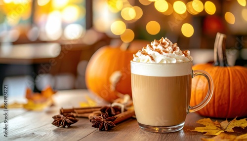 Fototapeta Naklejka Na Ścianę i Meble -  Autumnal pumpkin spice latte with whipped cream, cinnamon, and star anise, near pumpkins and fall leaves on a wooden table.