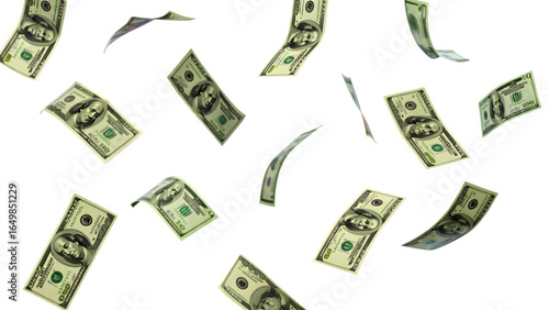 Multiple US dollar bill notes, floating and gently falling through the air in white transparent png background cutout	