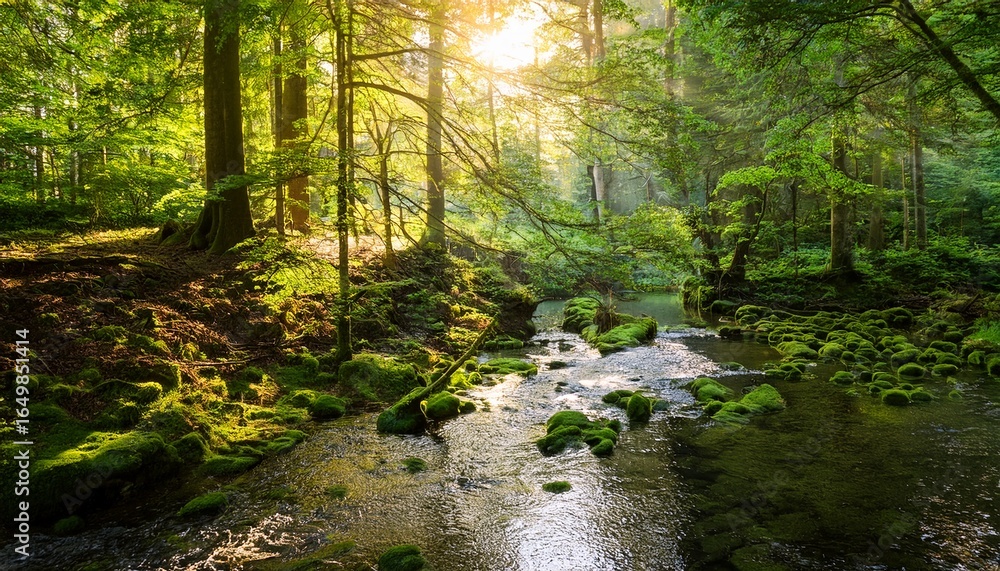 Fototapeta premium serene forest scene with sunlight filtering through lush green trees illuminating a gentle stream