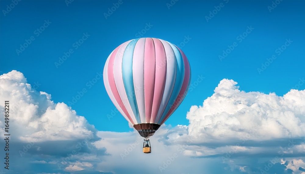 Fototapeta premium a beautiful hot air balloon with pastel pink and blue stripes glides through a bright blue sky surrounded by fluffy white clouds offering a glimpse of adventure and tranquility