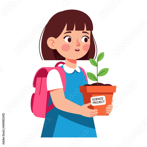 Young Scientist with Plant: A curious young girl, clutching a potted plant labeled Science Project, embodies the spirit of curiosity and learning, emphasizing educational growth