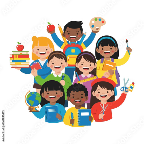 World of Wonders: A bright depiction of a diverse group of children, each holding up symbolic items of learning like books, globe, and a paint palette.