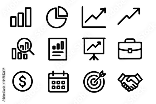 Bold black business infographic icon set with charts, growth arrow, report, target, and handshake for presentations, dashboards, and corporate branding. Heavy outline vector on white background