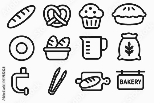 Bold black bakery icon set with baguette, pretzel, muffins, pies, and baking tools for bakery packaging, menus, and branding. Heavy outline vector on white background