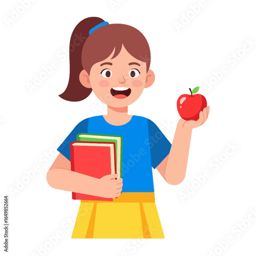 Smiling Student with Book and Apple: A cheerful student holding a book and apple representing knowledge, health, and the joy of learning. Capturing educational journey and good health.