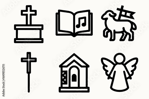 Bold black Catholic icon set with altar, choir book, lamb of God, processional cross, confessional, and angel for parish materials, church branding, and sacred art. Heavy outline vector on white backg