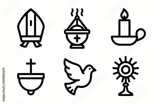 Bold black Catholic icon set with bishop’s mitre, censer, candle, holy water font, dove, and monstrance for liturgy materials, church branding, and sacred art. Heavy outline vector on white background