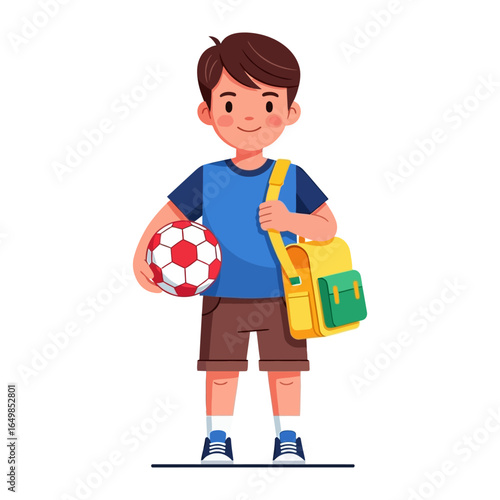 Young Football Enthusiast Ready for Adventure: A cheerful boy, brimming with enthusiasm, stands ready for a day of football, clutching a ball and a vibrant bag, his youthful vigor radiating optimism.