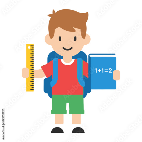 Back to School Boy with Ruler and Book: A cartoon boy happily stands ready for school holding a ruler and a book with an arithmetic problem in a colorful illustration.