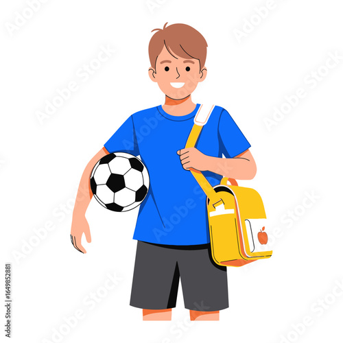 Young Athlete Ready for the Game: A cheerful young boy, clutching a soccer ball and carrying a bright yellow bag, is poised for a day of sports, radiating youthful energy and the spirit of the game.