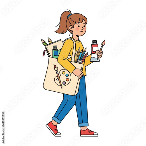 Artistic Journey: A young artist, brimming with creative energy, strides forward with a tote bag filled with artistic supplies, embodying inspiration and a passion for art.