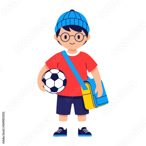 Young Athlete's Aspirations: A young, bespectacled boy, clutching a soccer ball and sling bag, embodies the energy of youth and ambition for the beautiful game.
