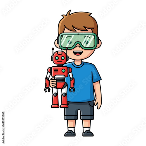 Future Explorer: A curious young boy with goggles holding a small robot, hinting at a futuristic exploration in robotics and the boundless potential of technology.
