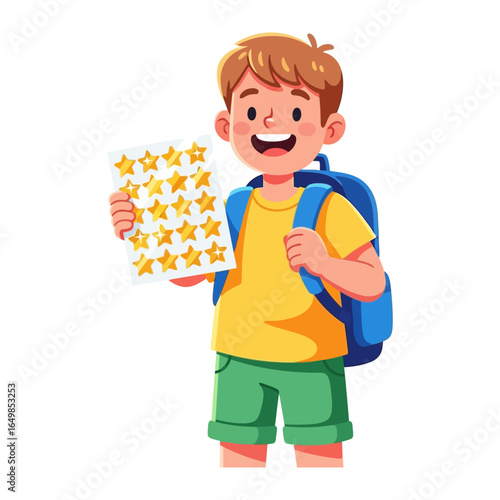 Student's Achievement: An enthusiastic student proudly displays a paper full of golden stars, symbolizing accomplishment and effort, as he looks forward to new challenges.