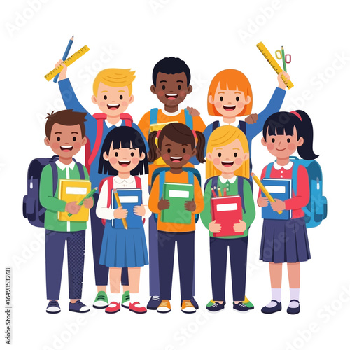 Unity in Learning: A vibrant illustration portraying a diverse group of students with backpacks and stationery, poised to start the school day, emphasizing the values of education and camaraderie.