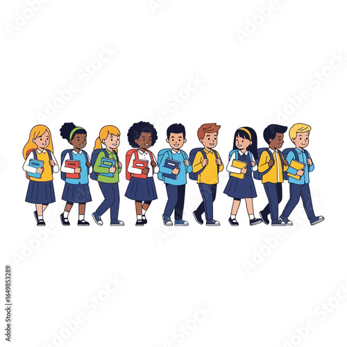 Back to School: A diverse group of elementary students, each carrying a backpack and books, stroll together, embodying the spirit of education and the joy of learning. 