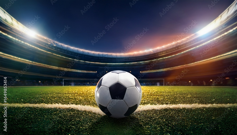 Obraz premium soccer ball on a soccer field at night in a stadium