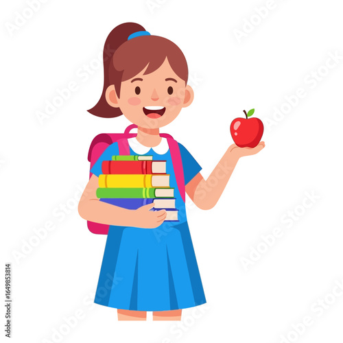 Education's Delight: a young student beams with a smile, holding a vibrant apple and books, symbolizing the joys of learning and the promise of knowledge.