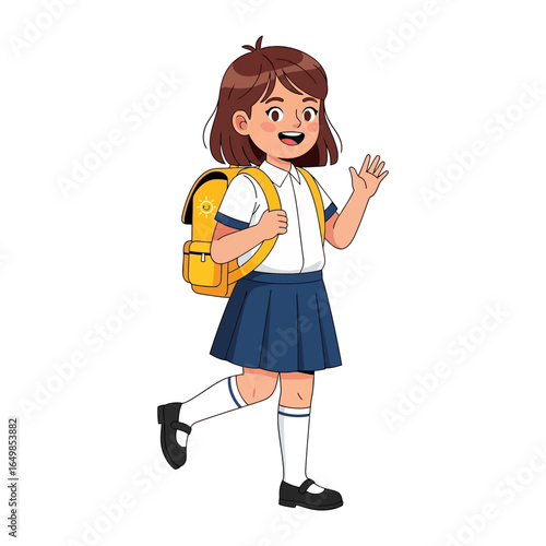 Young student going to School: A charming depiction of a young student cheerfully waving, donned in a neat uniform, and carrying a school bag, conveying excitement about education.