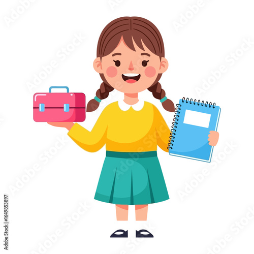 Cheerful Schoolgirl: A young girl stands with a smile, holding a case and a notebook, ready for an academic day, representing the innocence of the school year.