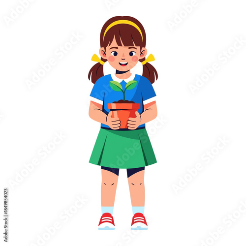 A young girl and a new plant: The image shows a joyful young girl with pigtails, holding a pot with a new plant inside, signifying new life and nurture