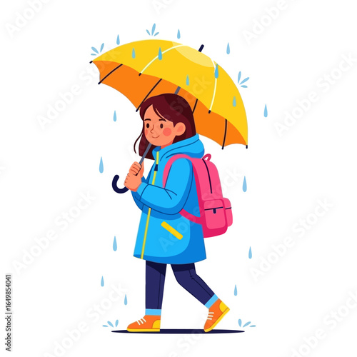 Walking in the Rain: A young girl embraces the rainy weather, strolling gracefully under a vibrant yellow umbrella, her cheerful demeanor radiating positivity.