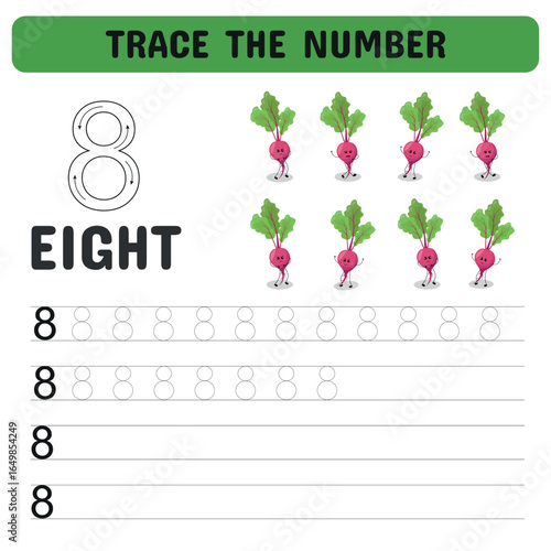 Number 8 tracing worksheet for preschoolers with eight illustrated  beets and handwriting practice lines