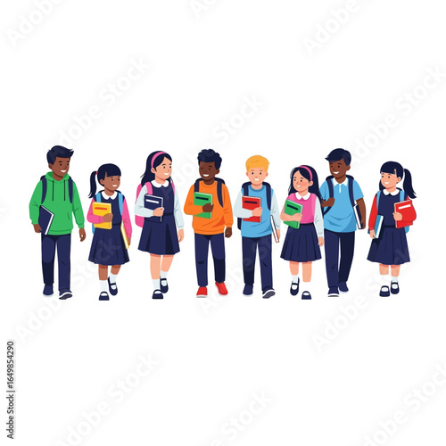 School Journey: A diverse group of school children, backpacks in tow, eagerly embark on a journey through their education, walking together in a vibrant display of unity.