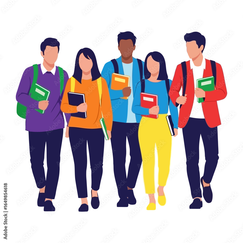 Obraz premium Academic Alliance: A diverse group of students strides forward together, embodying academic excellence, each carrying books and bags in a vibrant and dynamic digital illustration. 