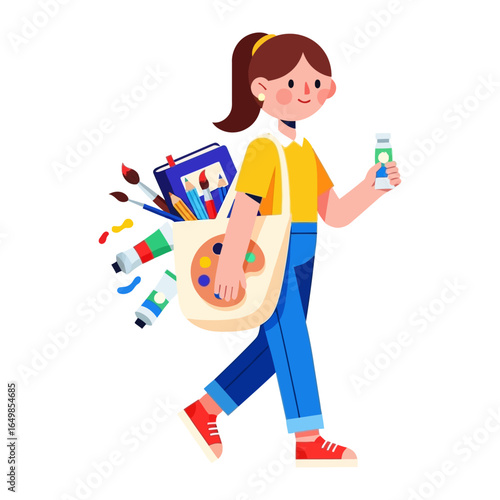 Creative Stroll: An artist joyfully strides, her tote bag brimming with art supplies, ready to bring colors to life, symbolizing creativity and artistic passion.