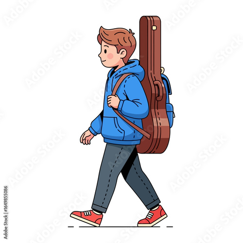 The Strolling Guitarist: A young boy carrying a guitar case, walking leisurely with a sense of purpose and musical anticipation, in a vivid illustration