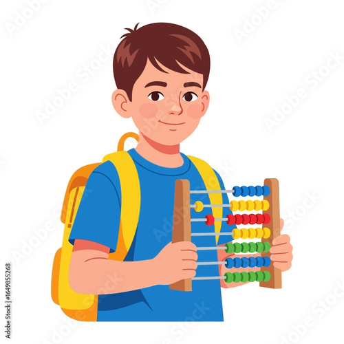 Young Student with Abacus: A cheerful schoolboy, his backpack slung over his shoulder, proudly holds an abacus, demonstrating his engagement in arithmetic learning and calculation.