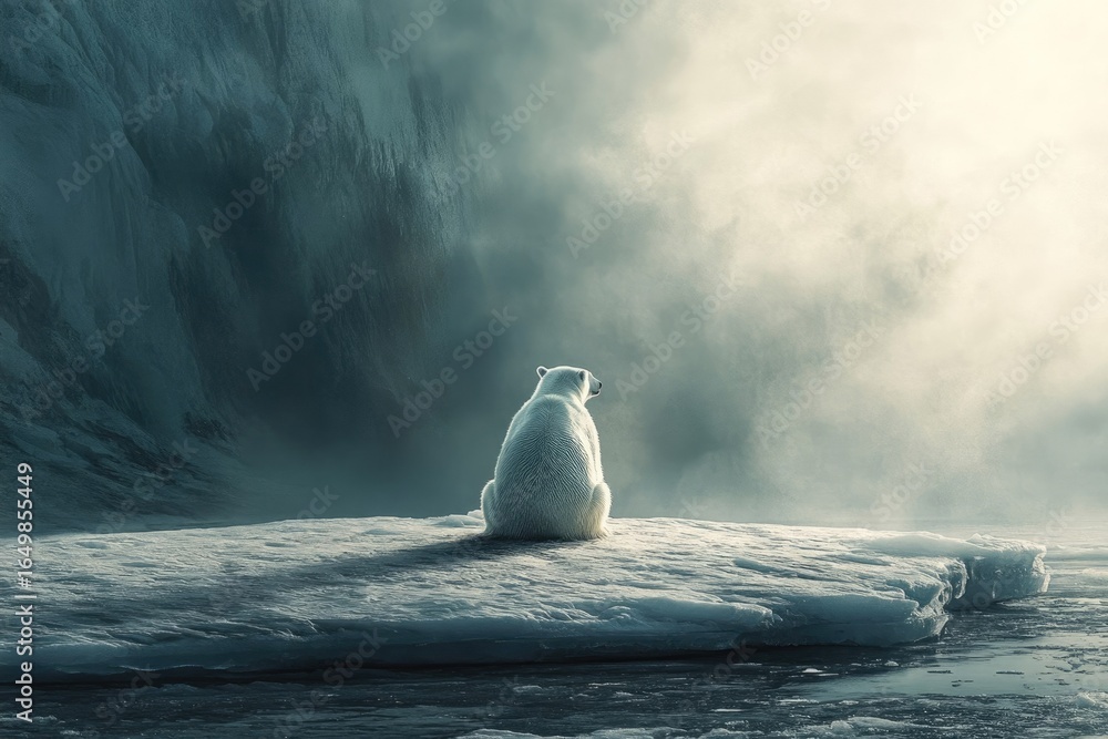 Fototapeta premium A lone polar bear sits on an ice floe, facing a misty, uncertain future.