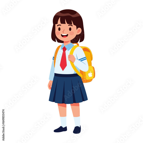 Ready for the first day: A cheerful schoolgirl stands with a school bag. A bright and inviting image captures the anticipation and excitement of a child embarking on the school journey.