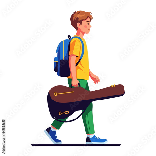 Guitarist with Backpack: A young musician strides confidently forward, guitar in tow, a symbol of passion and adventure with a backpack for his travel.