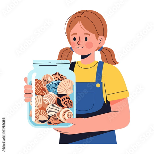 Girl's seashell collection: A young girl holds a glass jar filled with a captivating assortment of seashells, a tangible reminder of a cherished beach adventure.