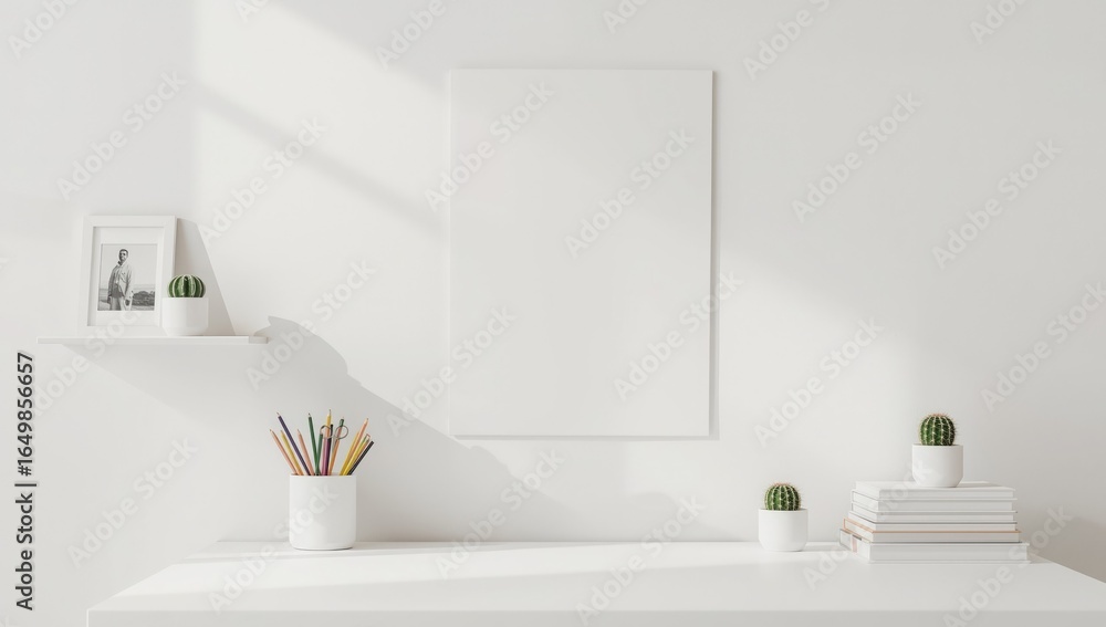 Fototapeta premium Minimalist workspace mockup featuring a blank poster on a white wall with natural light shadows and desk accessories